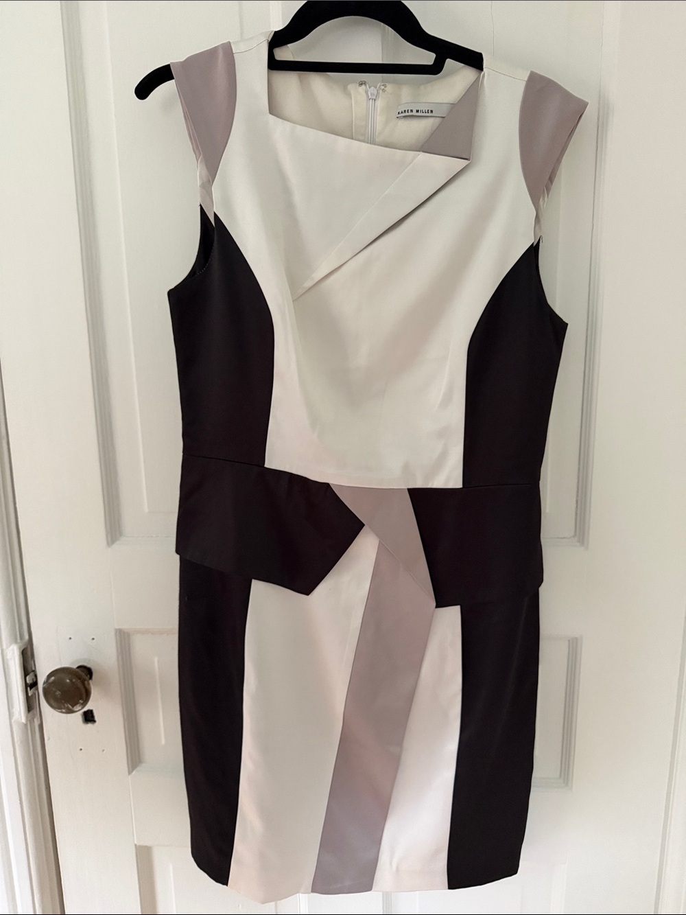 Karen Millen Ivory, Black & Taupe Colorblock Midi Dress